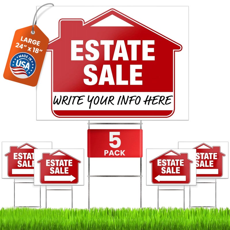 SignHero Estate Sale Signs (5 Pack) â€“ Premium LARGE 24â€ x 18â€ Double-Sided Estate Sale Signs with Heavy Duty Stakes â€“ Garage Sale Yard with Directional Arrows - Image 1